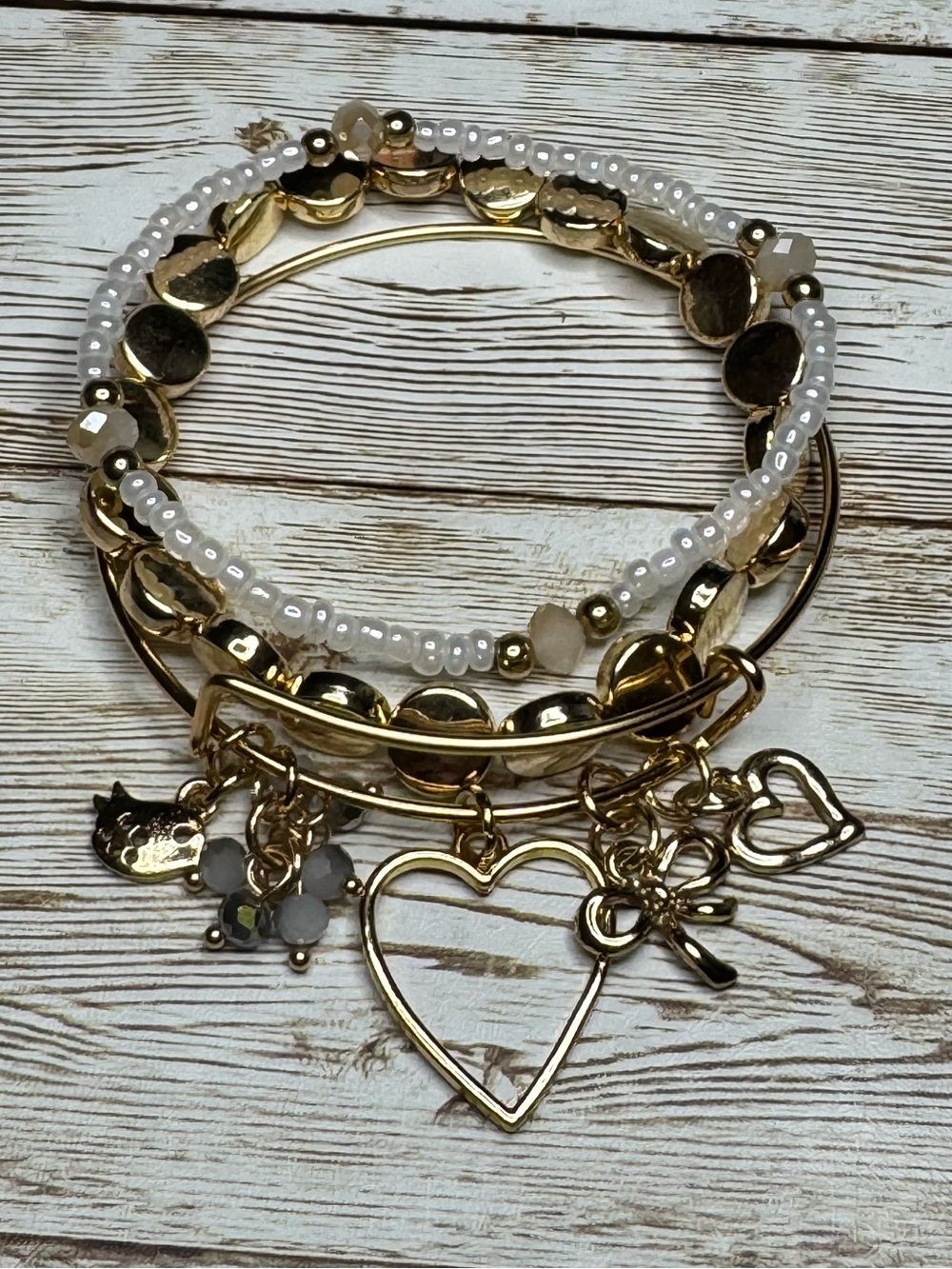 Gold & White Heart Charm Bracelet Set - Women Jewelry